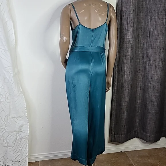 Jumpsuit Size Large Teal Green Satin Dressy Culotte Pants Drape Front Festive - Picture 6 of 9